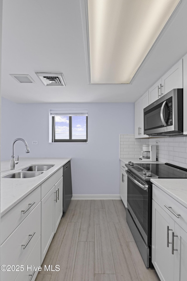 322 Causeway Dr Ste 1001, Wrightsville Beach, NC 28480 - kitchen with white cabinetry, visible vents, decorative backsplash, stainless steel appliances, and a sink