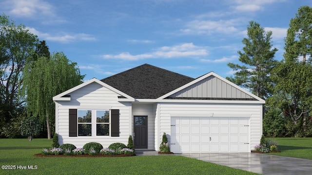 single story home with an attached garage, board and batten siding, concrete driveway, a front lawn, and roof with shingles