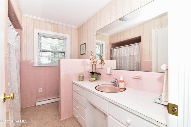 bathroom featuring ornamental molding, a baseboard heating unit, wallpapered walls, and a wainscoted wall