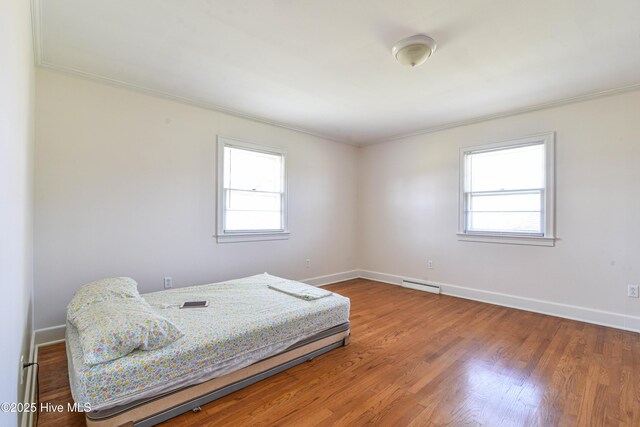 bedroom featuring multiple windows, baseboards, and wood finished floors
