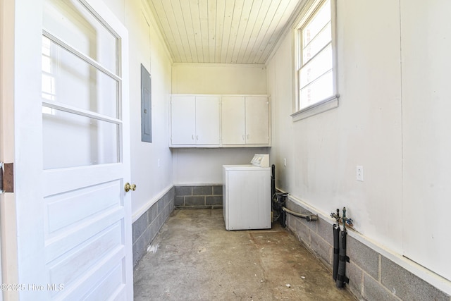 laundry area featuring wood ceiling, electric panel, cabinet space, and washer / dryer