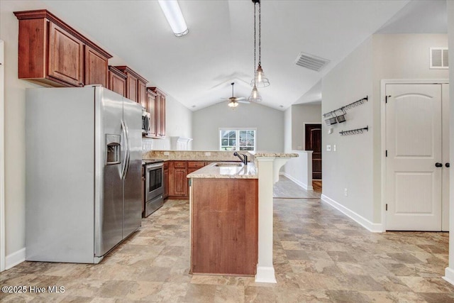 kitchen featuring a peninsula, ceiling fan, visible vents, and appliances with stainless steel finishes
