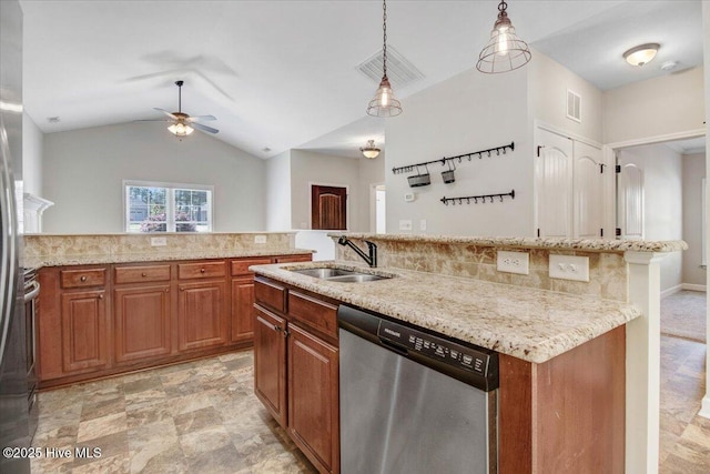 kitchen with dishwasher, a sink, a ceiling fan, and visible vents
