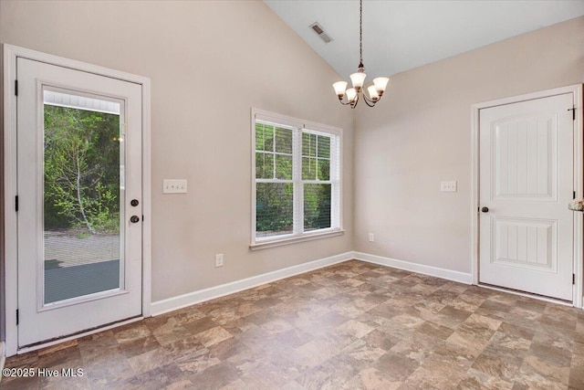 interior space featuring a chandelier, visible vents, baseboards, and vaulted ceiling