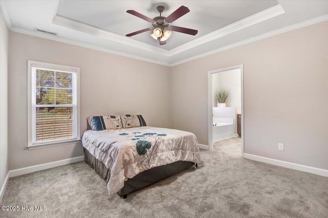 bedroom featuring crown molding, carpet, visible vents, a raised ceiling, and baseboards