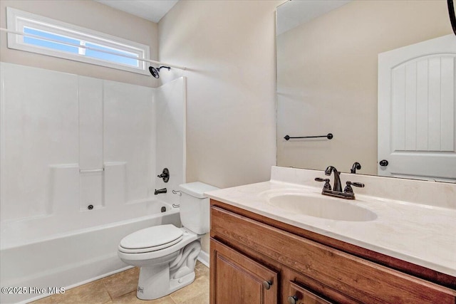 bathroom with toilet, bathtub / shower combination, vanity, and tile patterned flooring