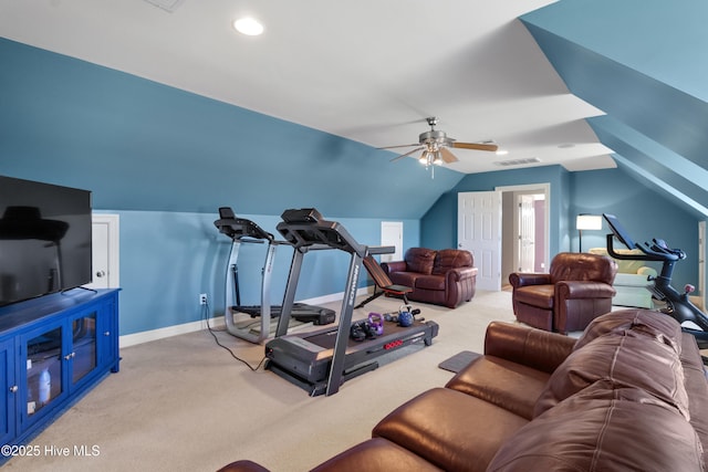 103 Arabian Cir, Beulaville, NC 28518 - exercise area featuring vaulted ceiling, a ceiling fan, carpet flooring, baseboards, and recessed lighting