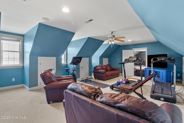 103 Arabian Cir, Beulaville, NC 28518 - living room featuring carpet flooring, lofted ceiling, baseboards, and ceiling fan