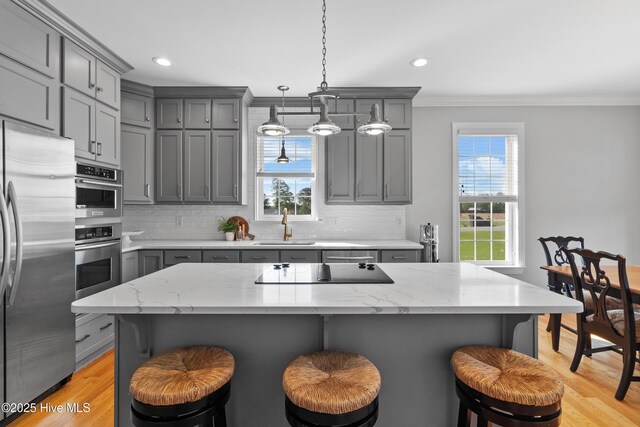 103 Arabian Cir, Beulaville, NC 28518 - kitchen with gray cabinetry, stainless steel appliances, crown molding, a sink, and recessed lighting