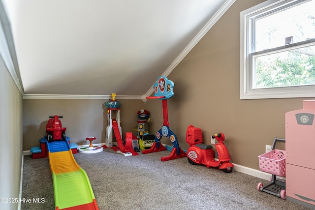 124 Shenandoah Rd E, West End, NC 27376 - recreation room featuring carpet, vaulted ceiling, ornamental molding, and baseboards