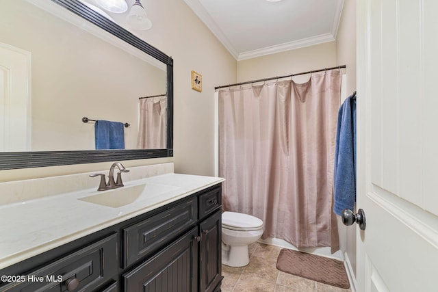 full bathroom featuring ornamental molding, toilet, and vanity