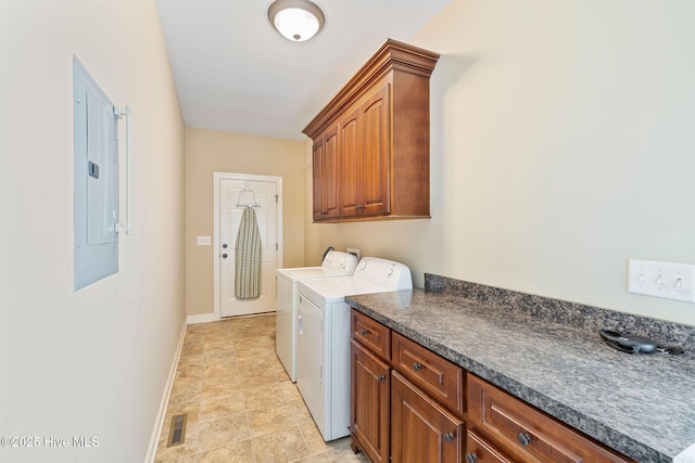 washroom with independent washer and dryer, visible vents, electric panel, baseboards, and cabinet space