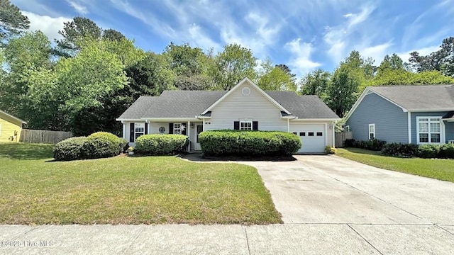 ranch-style house with a garage, a front yard, and concrete driveway