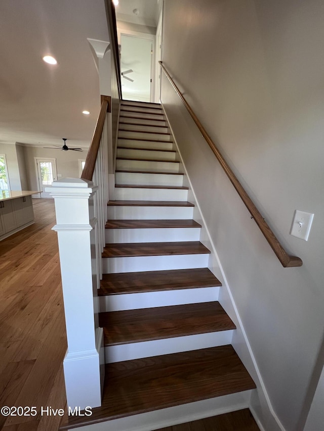 3216 Whichards Beach Rd, Chocowinity, NC 27817 - staircase with wood finished floors, ceiling fan, and recessed lighting