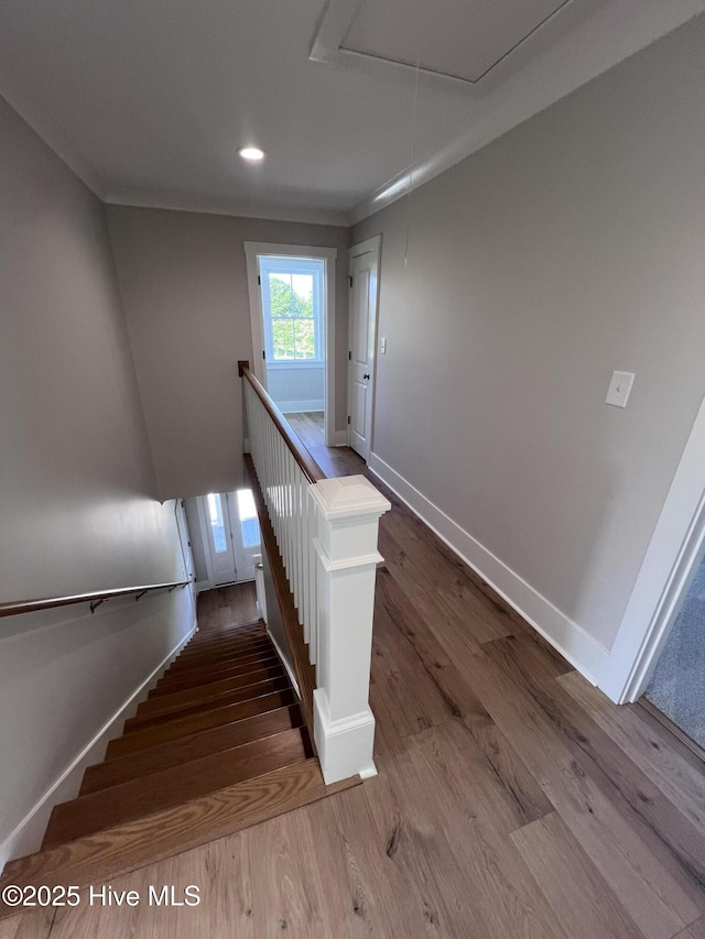 3216 Whichards Beach Rd, Chocowinity, NC 27817 - stairs featuring baseboards, wood finished floors, attic access, ornamental molding, and recessed lighting