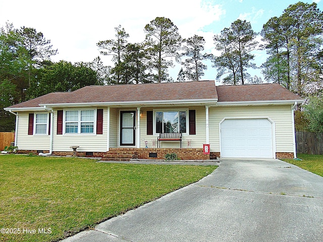 ranch-style house featuring covered porch, a front yard, fence, a garage, and concrete driveway