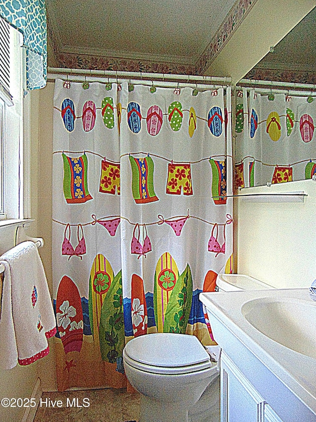 full bathroom featuring toilet, vanity, and a shower with curtain
