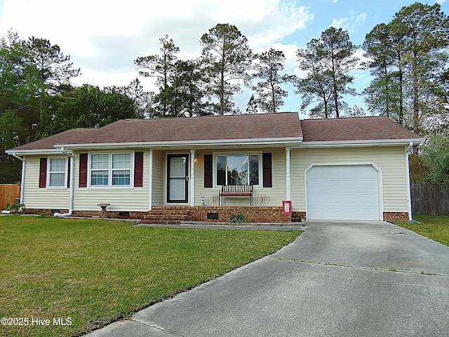 ranch-style home with concrete driveway, an attached garage, a front yard, fence, and covered porch