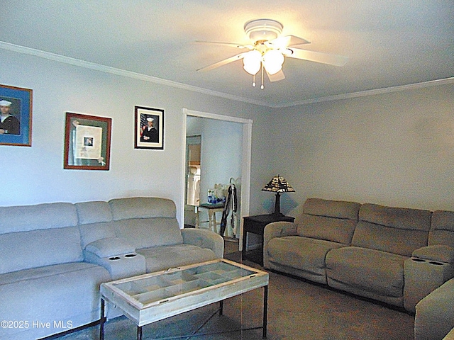 living room featuring a ceiling fan and ornamental molding