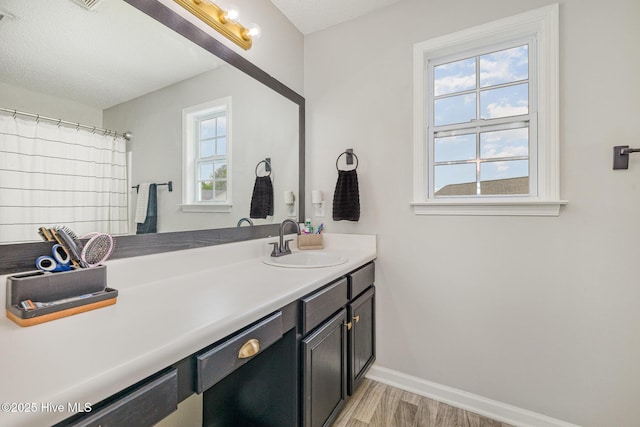 bathroom featuring wood finished floors, vanity, and baseboards