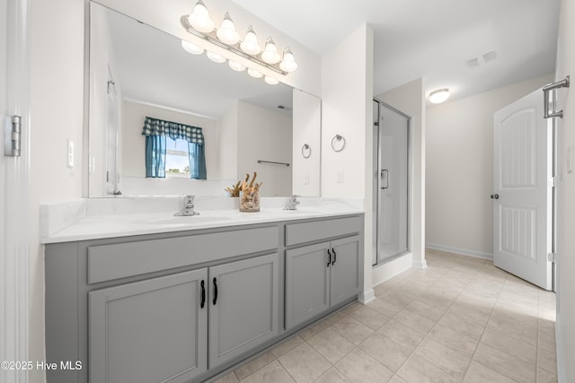 bathroom featuring a sink, visible vents, a shower stall, and double vanity