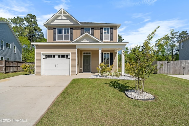 view of front facade featuring a front yard, an attached garage, board and batten siding, fence, and driveway
