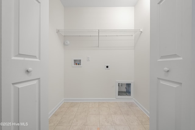 laundry room with baseboards, washer hookup, laundry area, hookup for an electric dryer, and light tile patterned flooring