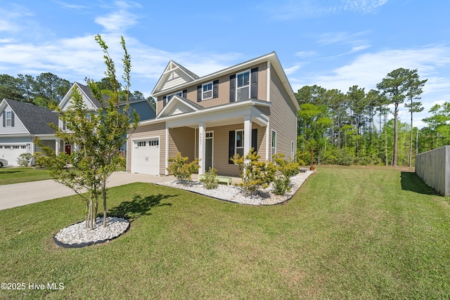 view of front of property featuring driveway, a garage, fence, and a front lawn