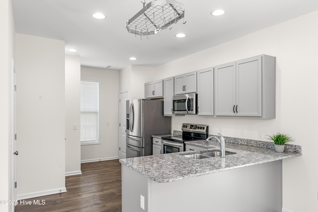 kitchen with a peninsula, appliances with stainless steel finishes, a sink, baseboards, and dark wood-style floors