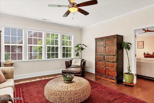 104 Old Club House Ln, Southern Pines, NC 28387 - living area with crown molding, a ceiling fan, baseboards, wood finished floors, and visible vents
