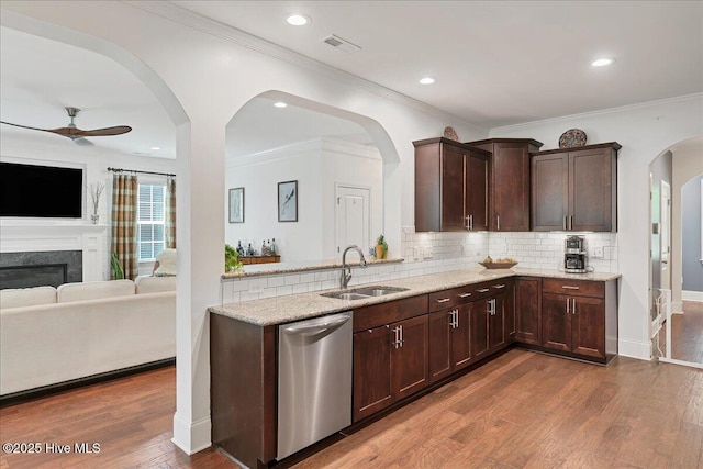 104 Old Club House Ln, Southern Pines, NC 28387 - kitchen featuring visible vents, ceiling fan, tasteful backsplash, a sink, and dishwasher