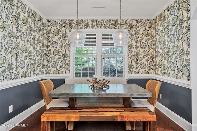 104 Old Club House Ln, Southern Pines, NC 28387 - dining room featuring baseboards, crown molding, wood finished floors, and wallpapered walls
