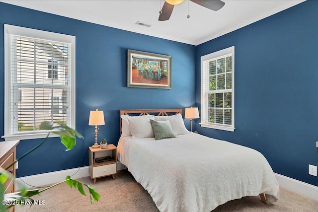 104 Old Club House Ln, Southern Pines, NC 28387 - carpeted bedroom with crown molding, baseboards, visible vents, and ceiling fan