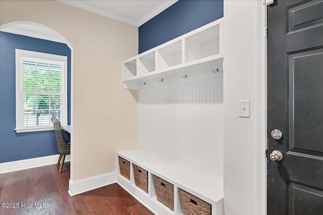 104 Old Club House Ln, Southern Pines, NC 28387 - mudroom with crown molding, arched walkways, dark wood-style flooring, and baseboards