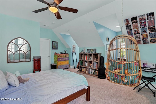 104 Old Club House Ln, Southern Pines, NC 28387 - bedroom featuring visible vents, carpet floors, baseboards, a ceiling fan, and vaulted ceiling