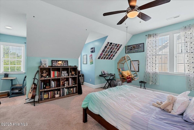 104 Old Club House Ln, Southern Pines, NC 28387 - carpeted bedroom featuring baseboards, visible vents, ceiling fan, and lofted ceiling