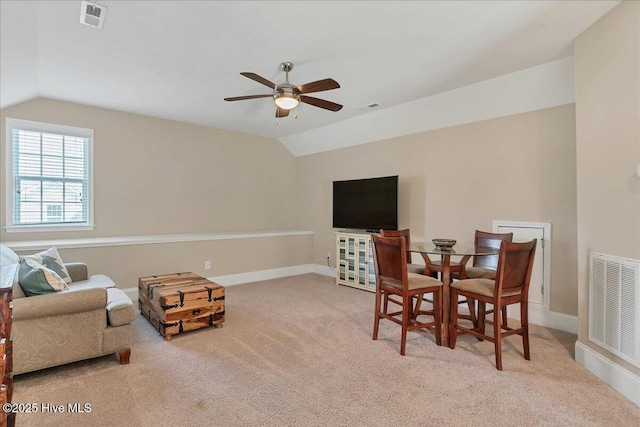 104 Old Club House Ln, Southern Pines, NC 28387 - interior space featuring visible vents, a ceiling fan, vaulted ceiling, and carpet flooring