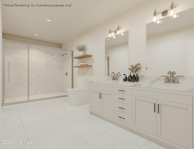 bathroom with tile patterned floors, a marble finish shower, a sink, and toilet