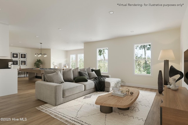 living room featuring baseboards, billiards, wood finished floors, and recessed lighting