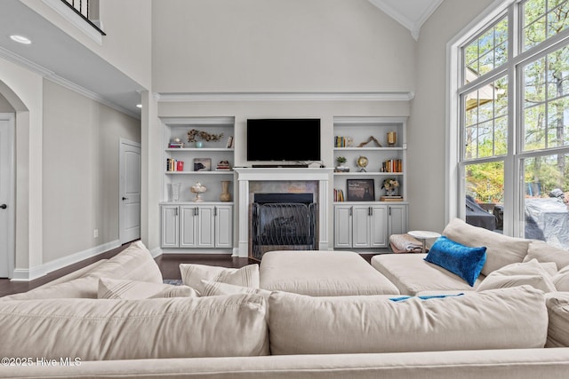 living area featuring crown molding, built in features, high vaulted ceiling, a fireplace, and baseboards