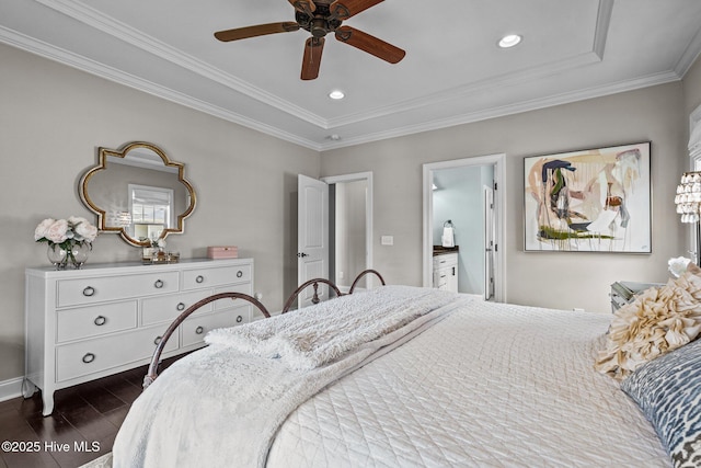 bedroom with recessed lighting, ornamental molding, and dark wood finished floors