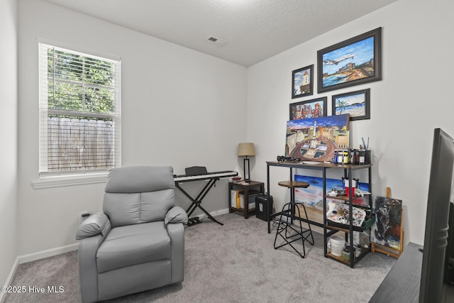 office space with visible vents, baseboards, a textured ceiling, and carpet floors