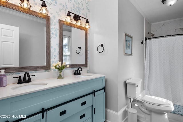 1508 Rhem Ave, New Bern, NC 28560 - bathroom with double vanity, toilet, curtained shower, and a sink