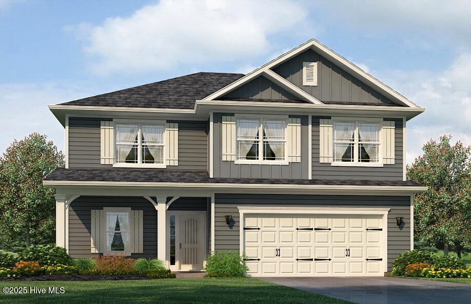 view of front facade featuring board and batten siding, an attached garage, a shingled roof, and driveway