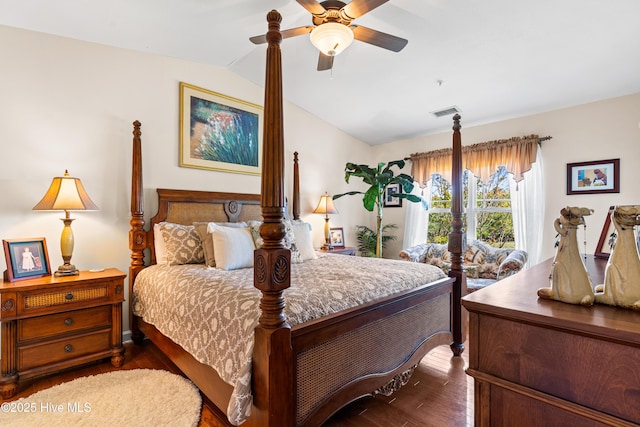 260 S Crow Creek Dr NW Lot 19, Calabash, NC 28467 - bedroom featuring wood finished floors, ceiling fan, lofted ceiling, access to outside, and visible vents