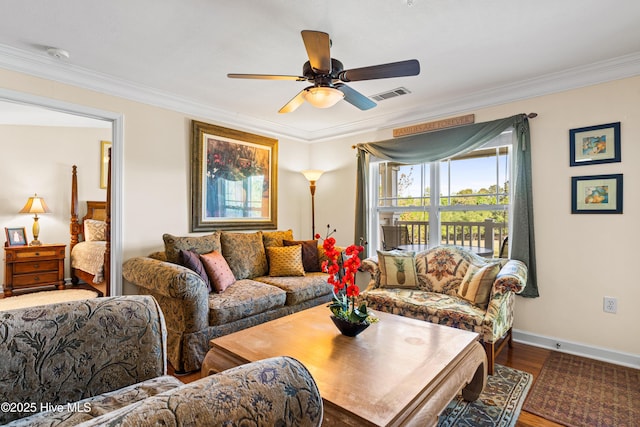 260 S Crow Creek Dr NW Lot 19, Calabash, NC 28467 - living room featuring baseboards, a ceiling fan, visible vents, and crown molding