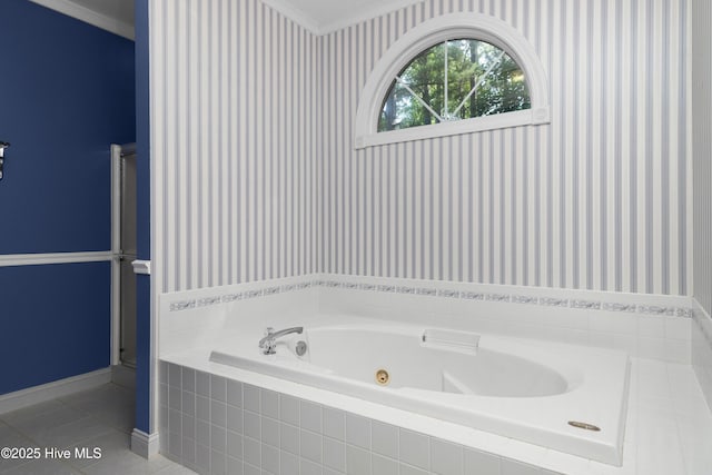 106 Oakmont Cir, New Bern, NC 28562 - bathroom with a jetted tub, ornamental molding, tile patterned floors, and wallpapered walls
