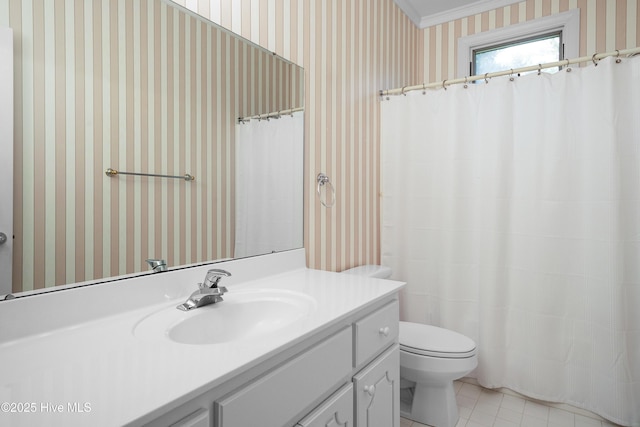 106 Oakmont Cir, New Bern, NC 28562 - full bathroom with wallpapered walls, vanity, tile patterned floors, and curtained shower
