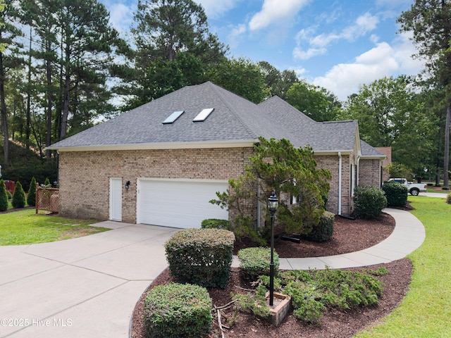 106 Oakmont Cir, New Bern, NC 28562 - view of side of property featuring a shingled roof, brick siding, an attached garage, and a lawn