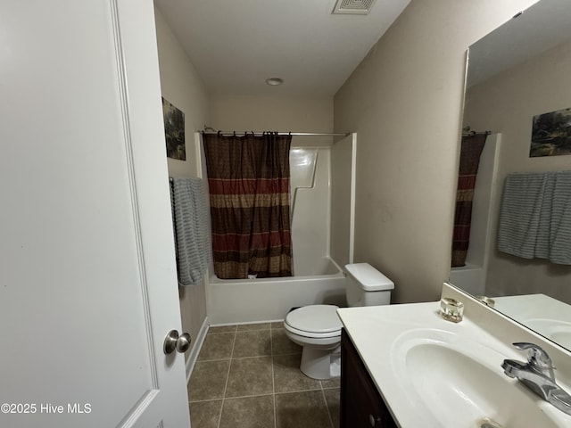 bathroom with tile patterned flooring, vanity, toilet, shower / bath combo with shower curtain, and visible vents